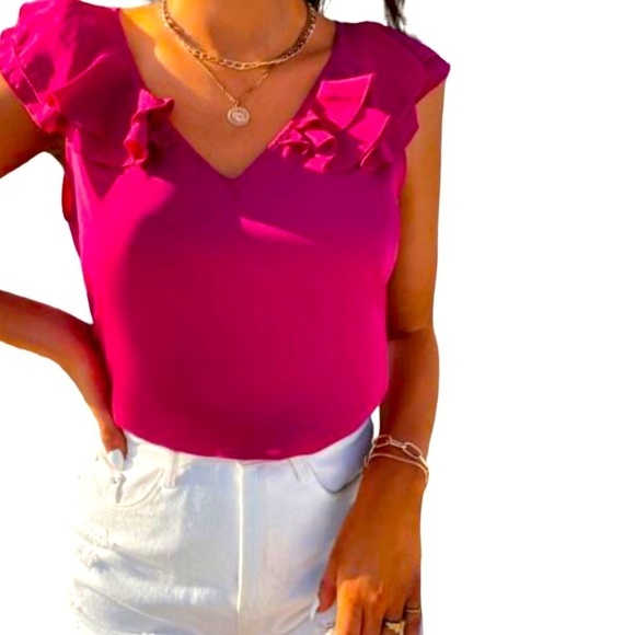Banana Republic fushia double  layered ruffle trim blouse Sz M - Picture 1 of 16